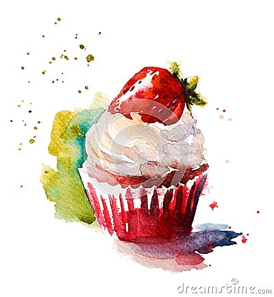 Watercolor strawberry muffin Stock Photo