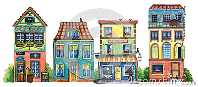 Watercolor street with cafe, houses, flowers shop, and cats. Cartoon Illustration