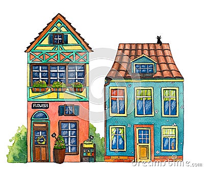 Watercolor street with houses, flowers shop, and cats. Cartoon Illustration