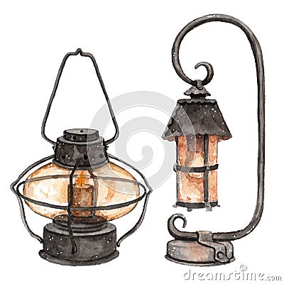 Watercolor street light lamp with fire from candle in it. Cartoon Illustration