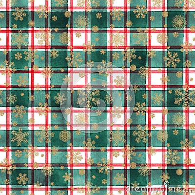 Watercolor stripe plaid seamless pattern. Red green stripes golden snowflakes on white background Stock Photo