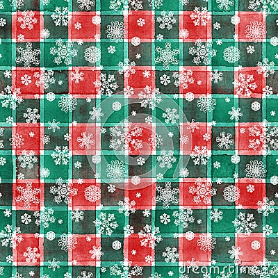 Watercolor stripe plaid seamless pattern. Red green stripes and white snowflakes Stock Photo