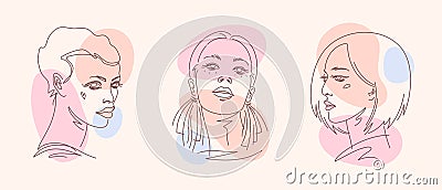 Minimalist style woman faces, portraits editable line drawings set Vector Illustration