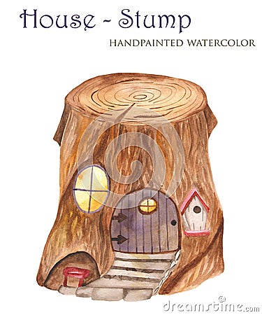 The watercolor stump is a home for gnomes. Stock Photo