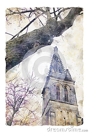 Watercolor style and abstract illustration of ancient gothic cathedral and bare trees Cartoon Illustration
