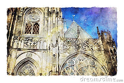 Watercolor style and abstract illustration of ancient gothic cathedral Cartoon Illustration