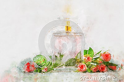 watercolor style and abstract illustration of vintage perfume bottle. Cartoon Illustration