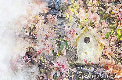 watercolor style and abstract image of cherry tree flowers and birdhouse. Stock Photo