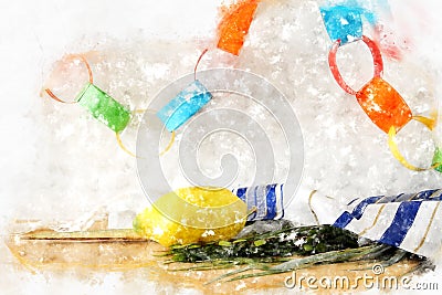 Watercolor style and abstract image of Jewish festival of Sukkot. Traditional symbols The four species: Etrog, lulav, hadas, Stock Photo