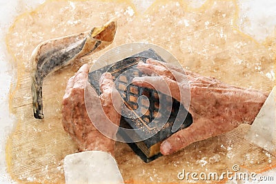 Watercolor style and abstract image of Old Jewish man hands holding a Prayer book. Jewish traditional symbols. Stock Photo