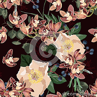 Watercolor style eucalyptus and brown orchid flowers seamless pattern, silver dollar eucalyptus tree foliage, branch, greenery. Stock Photo