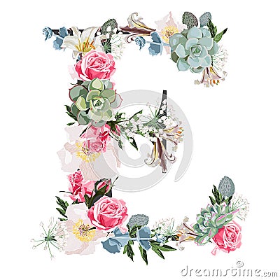 Watercolor style Floral Monogram Letter E with many kind of flowers and succulent. Vector Illustration