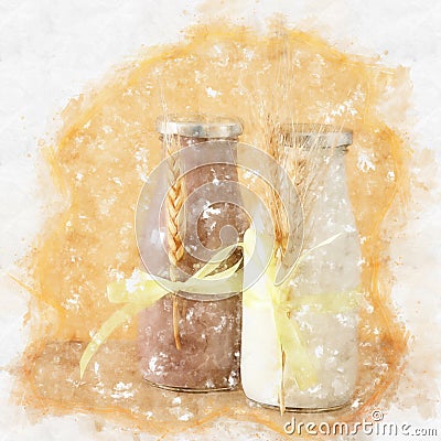 watercolor style illustration of milk and Chocolatewith wheat over table. Symbols of jewish holiday - Shavuot. Cartoon Illustration