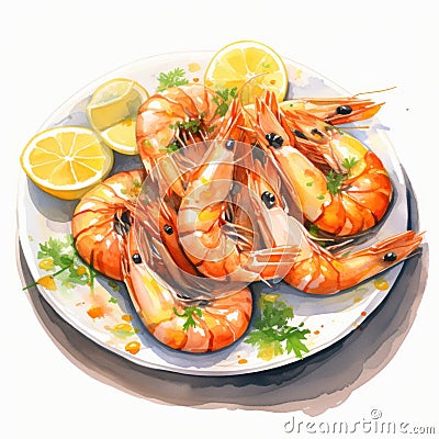 Watercolor-Style scampi plate with White Background Stock Photo