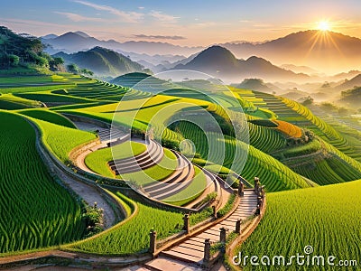 watercolor style scenery Vietnam rice terraces during sunset.generative ai Stock Photo