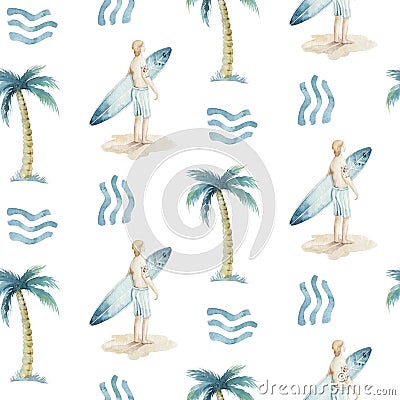 Watercolor style seamless surfing pattern of surf man and woman surfers silhouettes with surfboard wave background Stock Photo