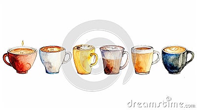 Watercolor style set of several coffee cups on white outlineable background Stock Photo