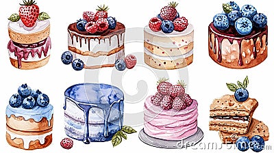 Watercolor style set of several mini cakes with strawberry and blueberry cream, white background Stock Photo
