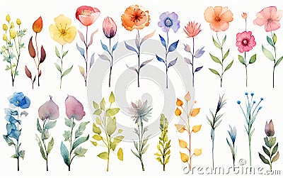 watercolor style set of single flowers, leaves and branches, soft colors yellow and green, white background cut out Stock Photo