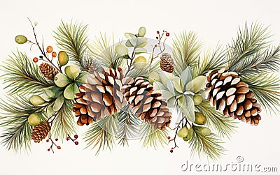 watercolor style wreath ,pine cones berries mistletoe and pine leaves , white background discountable, of pine cones clip art, Stock Photo