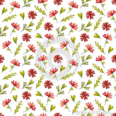 Watercolor stylised red flowers and herbs seamless pattern Stock Photo