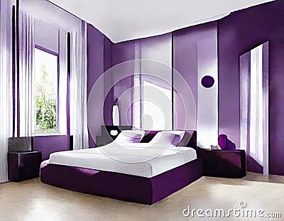 Watercolor of Stylish purple bedroom with Stock Photo