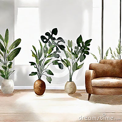 Watercolor of A stylish Scandinavian boho living room with carefully curated adorned with a vase of plants on a Stock Photo