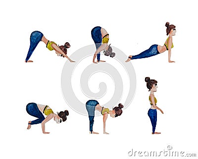Watercolor stylized Yoga set six poses Stock Photo