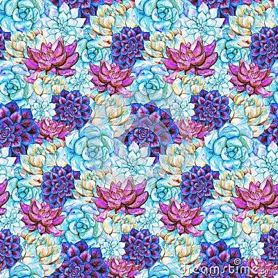 Watercolor succulent cactus flower plant hand drawn seamless pattern Stock Photo