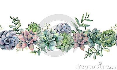 Watercolor succulents seamless bouquet. Hand painted green, violet, pink cacti, eucalyptus leaves and branches isolated Cartoon Illustration