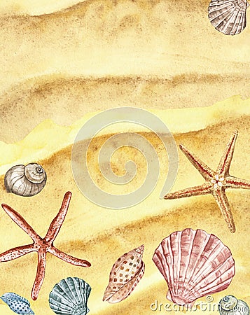 Watercolor summer beach background with hand painted seashells, starfish on sand texture. Marine illustration, top view Cartoon Illustration