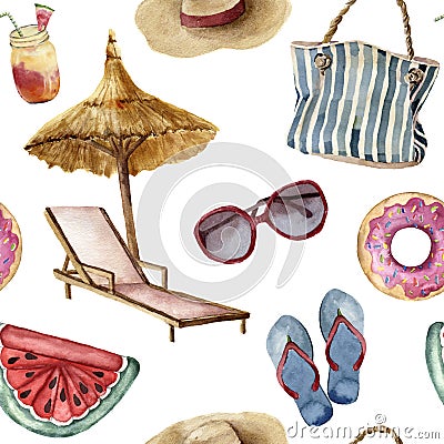 Watercolor summer beach pattern. Hand painted summer vacation objects: sunglasses, beach umbrella, beach chair, straw Cartoon Illustration