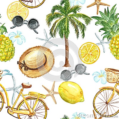 Watercolor summer beach seamless pattern. Pineapple, lemon, sunglasses, beach hat, bicycle, palm tree, starfish on white Stock Photo