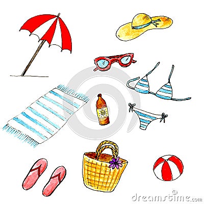 Watercolor isolated summer beach set. Summer holidays, having a rest on the beach. Stock Photo