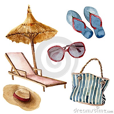 Watercolor summer beach set. Hand painted summer vacation objects: sunglasses, beach umbrella, beach chair, straw hat Cartoon Illustration