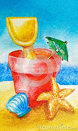 Watercolor summer beach toys in the sand concept for holiday and vacations. Bucket, spade, umbrella, shell and starfish on Stock Photo