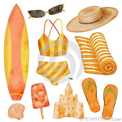 Watercolor summer beach vacation set. Hand drawn swimsuit, surfboard, sun hat, flip flops, ice cream, beach towel, sand Cartoon Illustration