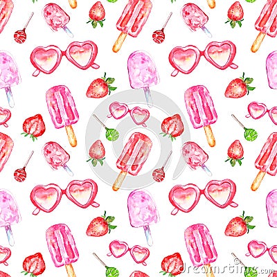 Watercolor summer berry popsicles seamless pattern on white background. Heart shaped sunglasses, strawberry, lollipop Cartoon Illustration