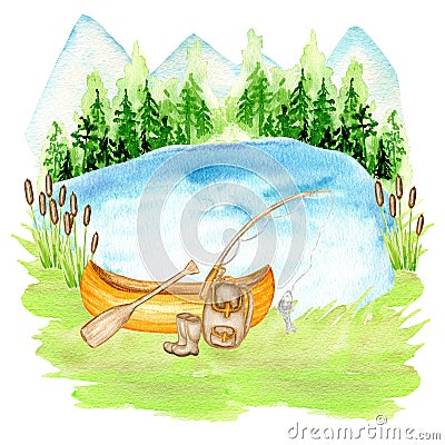 Watercolor Summer camping landscape, lake, boat, fishing rod, forest, mountains. Sport camp adventures in nature, hiking Cartoon Illustration