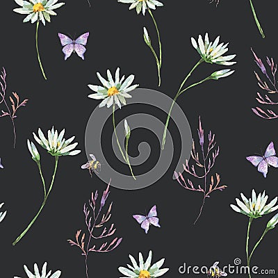 Watercolor summer chamomile meadow flowers seamless pattern Stock Photo