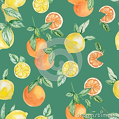 Watercolor summer collection fruits branch, lemons, orange and slice set. Hand painted fruit on branch with slice isolated on whi Cartoon Illustration