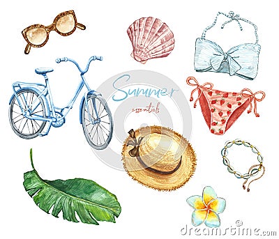 Watercolor summer essentials set. Women bikini, swimwear, sunglasses, bicycle, accessories, tropical plant leaf, hat Cartoon Illustration