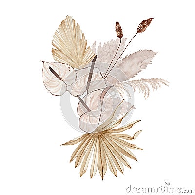 Watercolor summer floral tropical bouquet with calla lily flowers dried palm leaves Cartoon Illustration
