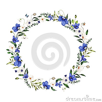 Watercolor summer floral wreath with blue white wildflowers isolated Cartoon Illustration