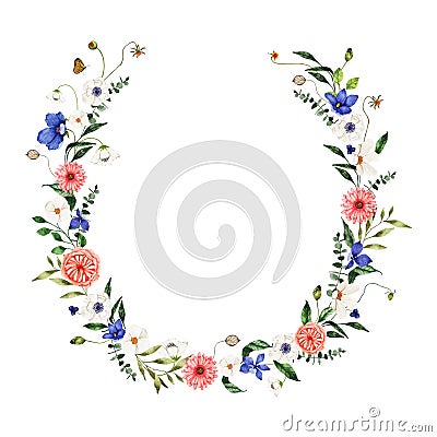 Watercolor summer floral wreath with pink white blue wildflowers isolated Cartoon Illustration