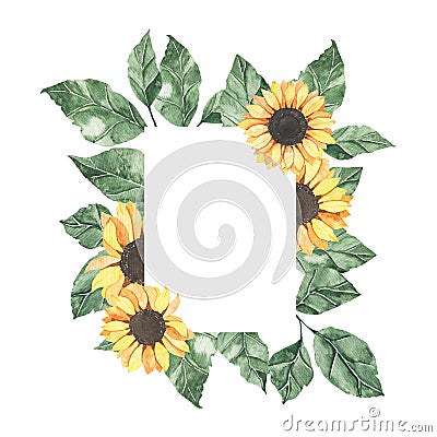 Watercolor summer frame with sunflowers bouquet with green leaves Cartoon Illustration