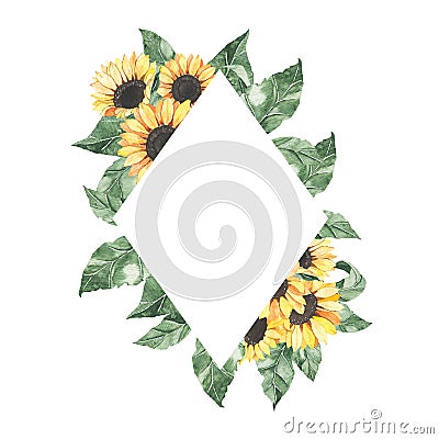 Watercolor summer frame with sunflowers bouquet with green leaves Cartoon Illustration