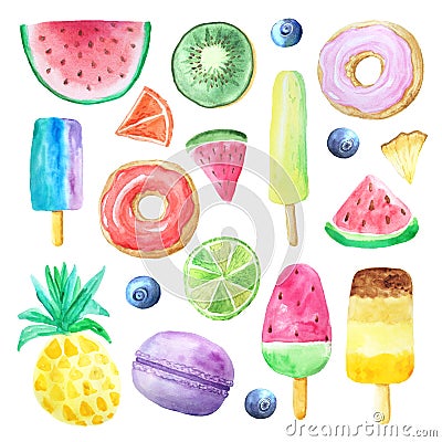 Watercolor summer fruits, donut and icecream Stock Photo