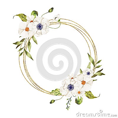 Watercolor summer golden floral frame with wildflowers isolated Cartoon Illustration