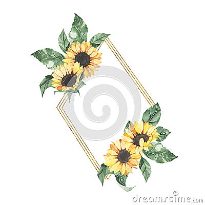 Watercolor summer golden frame with sunflowers bouquet with green leaves Cartoon Illustration